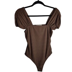 Saints and Hearts Ribbed Coffee Bodysuit Puff Sleeve off the shoulder size M